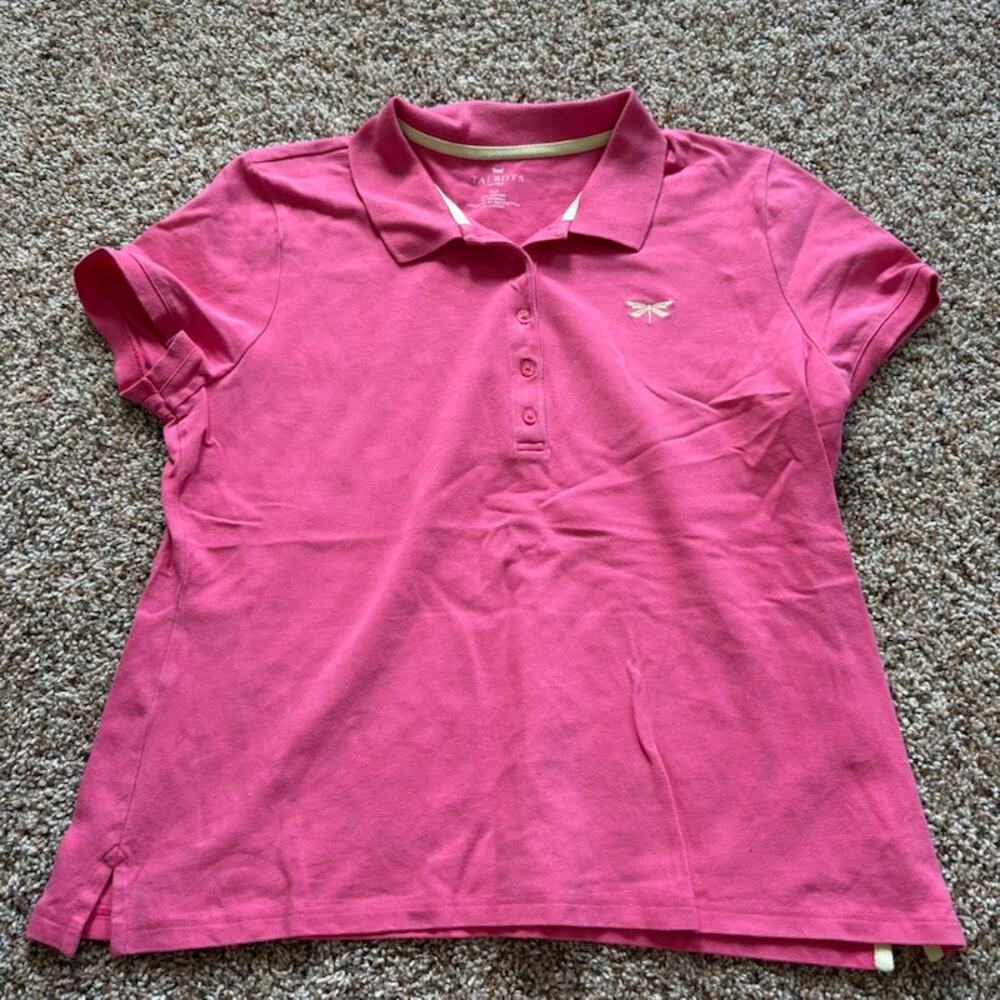 Talbots Petites Women Pink Cotton Polo Shirt Dragonfly Emblem Size XLp Preppy
